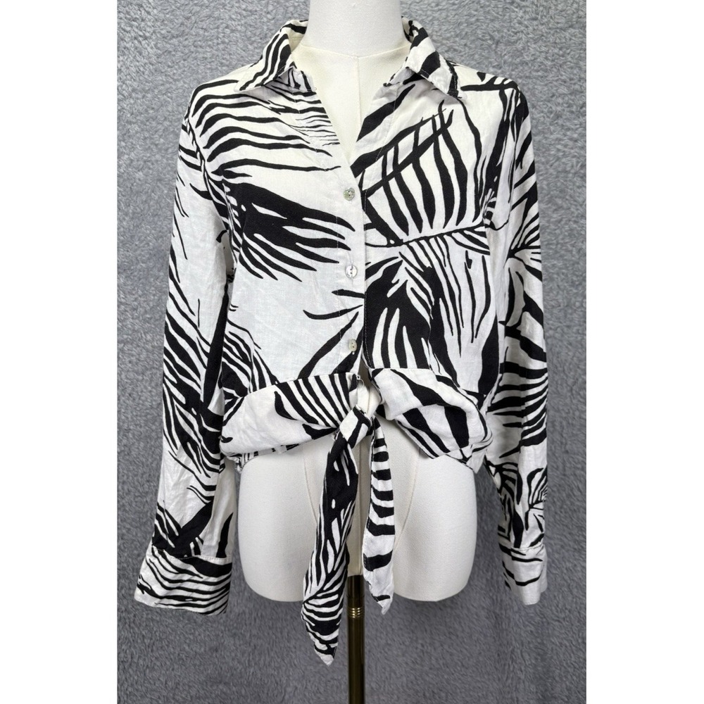 Rachel Zoe Women XL Linen Blend Crop Top White Black Print Button Down Tie Front